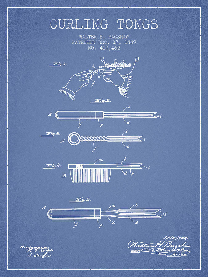 Curling Tongs Patent From 1889 - Light Blue Digital Art