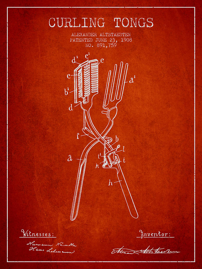 Vintage Digital Art - Curling Tongs patent from 1908 - Red by Aged Pixel