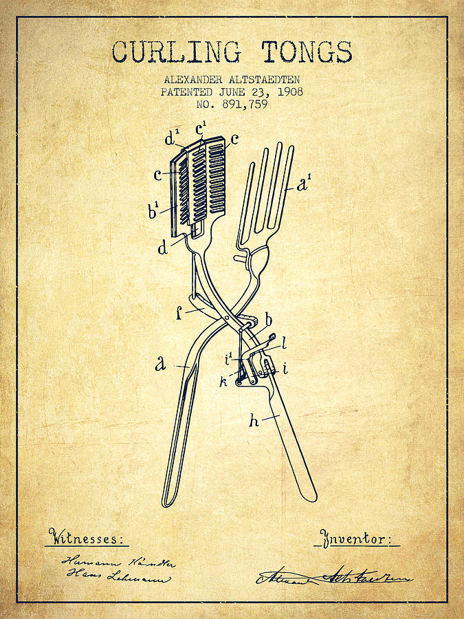Curling Tongs Patent From 1908 - Vintage Digital Art