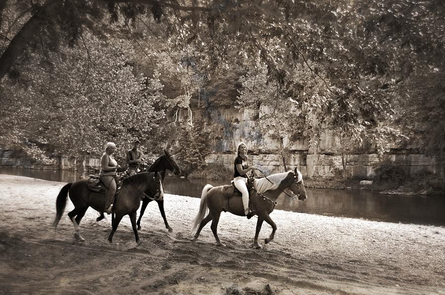Black And White Photograph - Current River Horses by Marty Koch