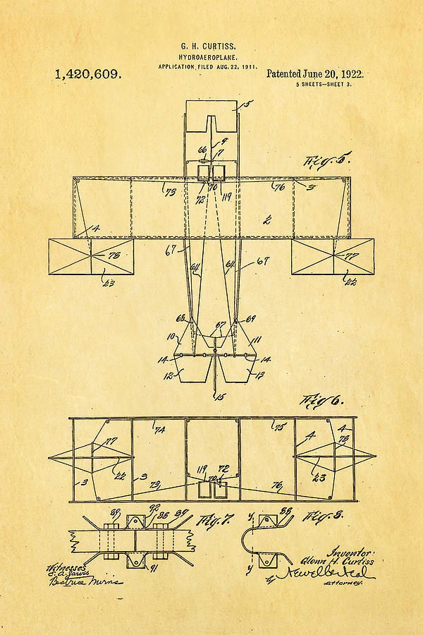 Vintage Photograph - Curtiss Hydroaeroplane Patent Art 3 1922 by Ian Monk