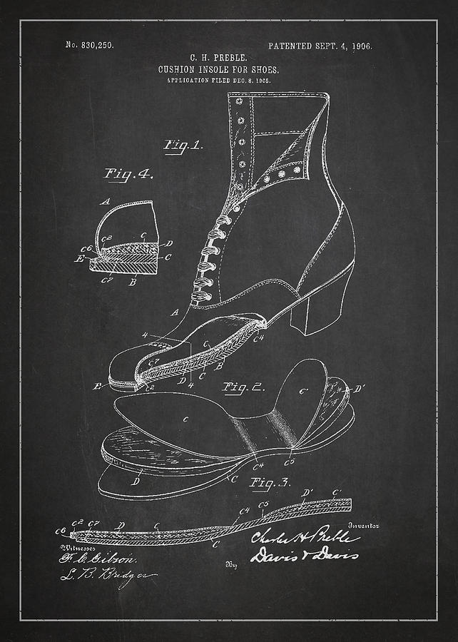 Boot Digital Art - Cushion Insole For shoes Patent Drawing From 1905 by Aged Pixel