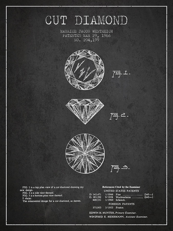 Vintage Digital Art - Cut Diamond Patent From 1966 - Dark by Aged Pixel