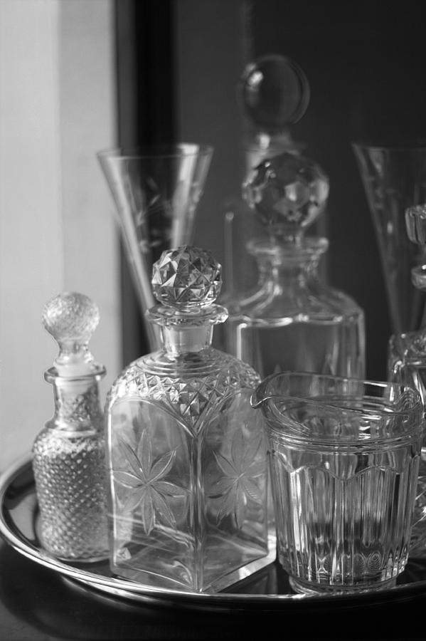Cut Glass Crystal Decanters In Black and White 2 Photograph by Suzanne Powers