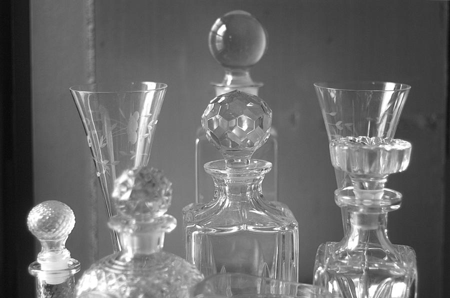 Cut Glass Decanters In Black and White Photograph by Suzanne Powers