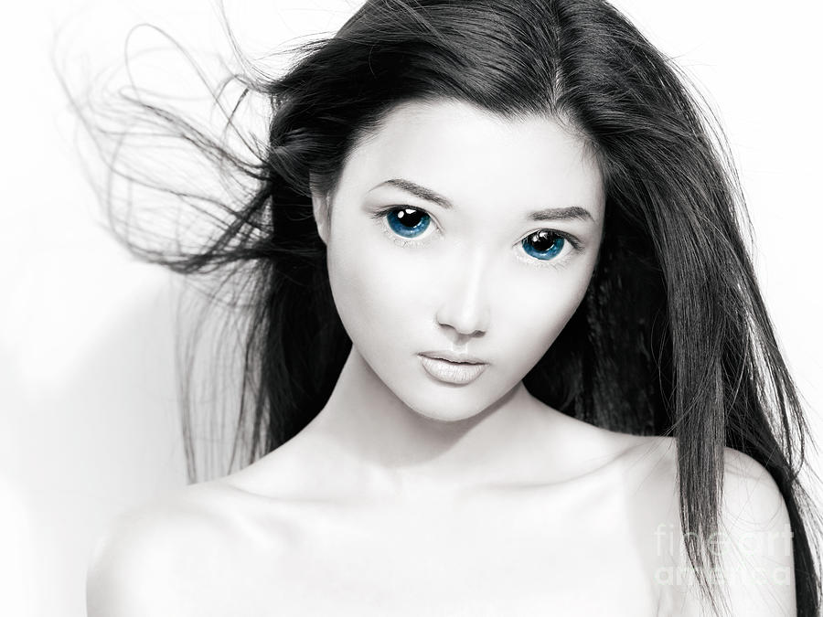 Cute anime girl with big blue eyes artistic portrait Photograph by