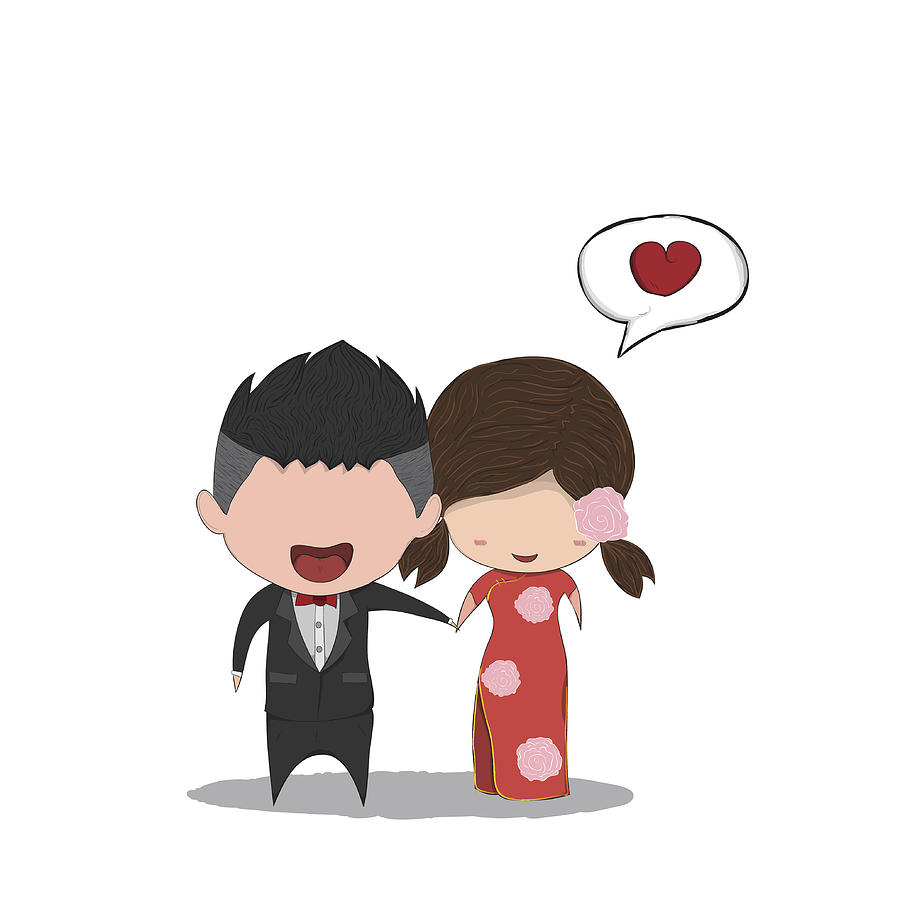 Cute Cartoon Wedding Couple Men And Women Chinese Marriage By