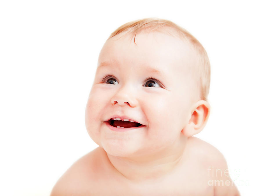 Portrait Photograph - Cute happy baby smiling on white by Michal Bednarek