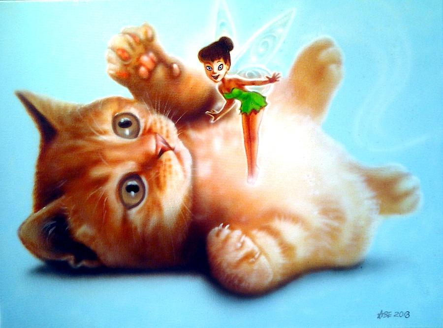 Cute Kitten And Fairy Painting by Amatzia Baruchi