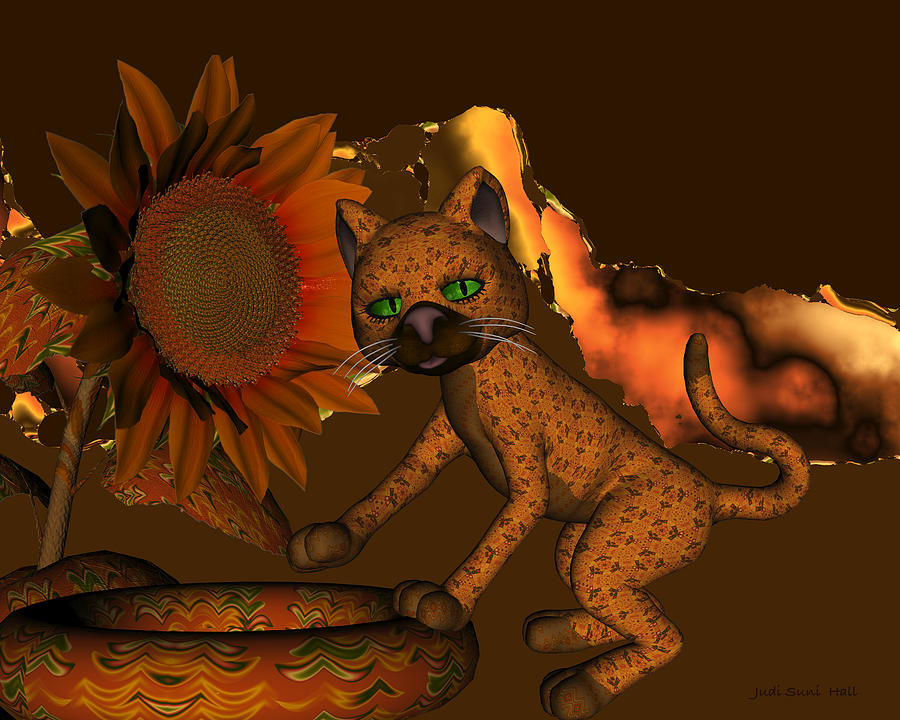 Cute Orange Cat and Sunflower Digital Art by Judi Suni Hall