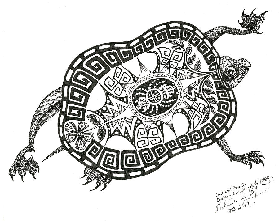 Cutural Zoo 3 Eastern Woodlands Tortoise Drawing by Melinda Dare Benfield