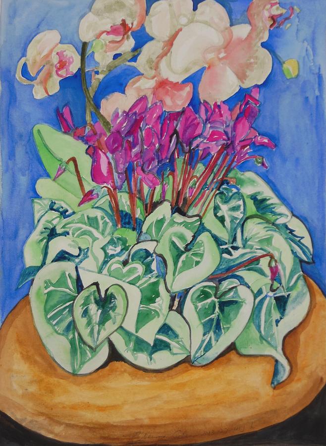 Summer Painting - Cyclamen and Orchids in a Flower Pot by Esther Newman-Cohen