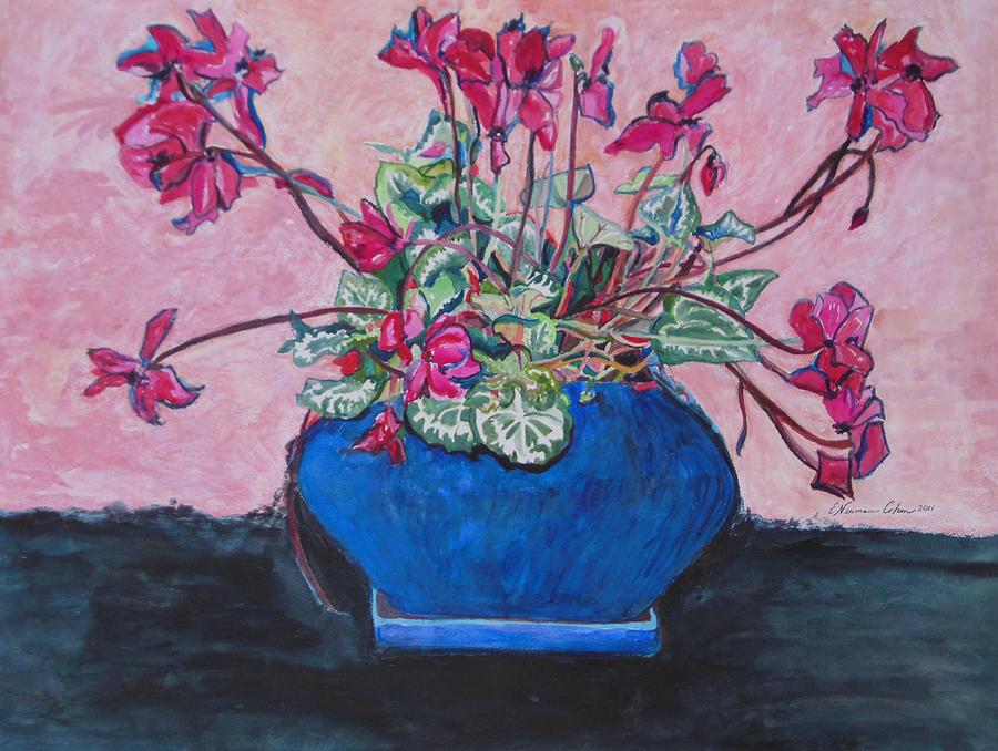 Cyclamen in a Blue Flower Pot Painting by Esther Newman-Cohen
