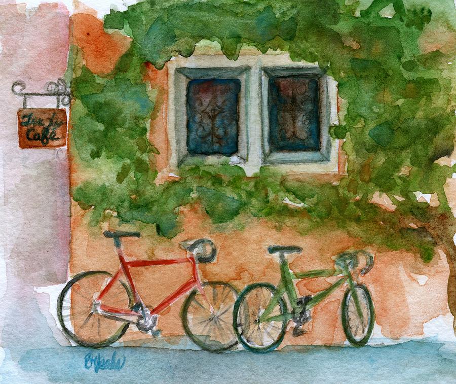 Cycling Painting - Cycle Cafe by Bev Veals