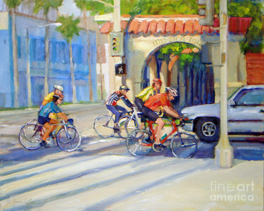 Cycling Past The Archway Painting by Joan Coffey