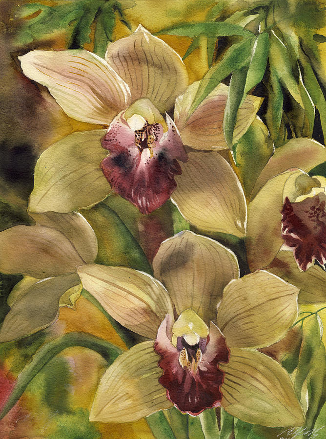 Cymbidium Orchid With Bamboo Painting by Alfred Ng