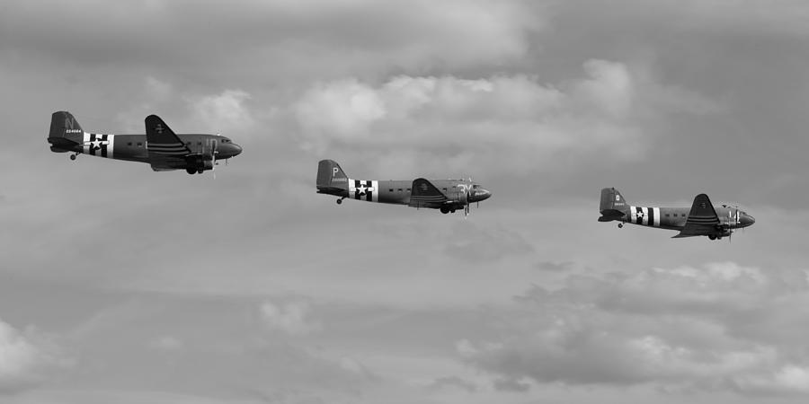 Airplane Photograph - D-Day Skytrain trio black and white version by Gary Eason