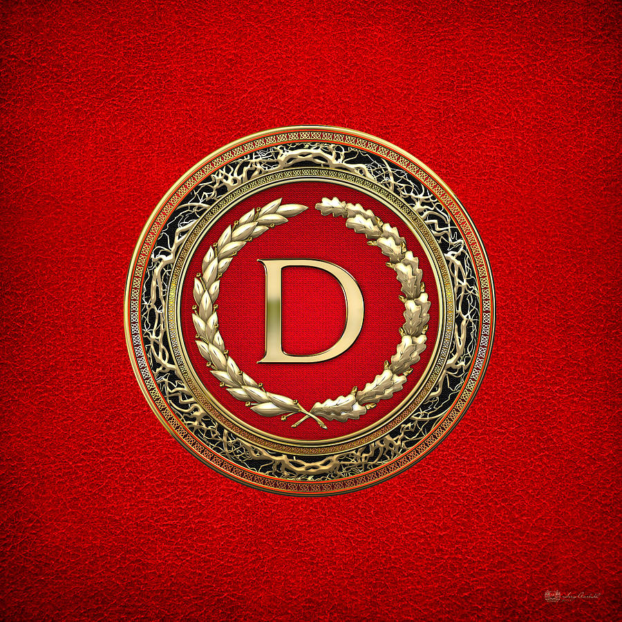 D - Gold Vintage Monogram on Red Leather Digital Art by Serge Averbukh