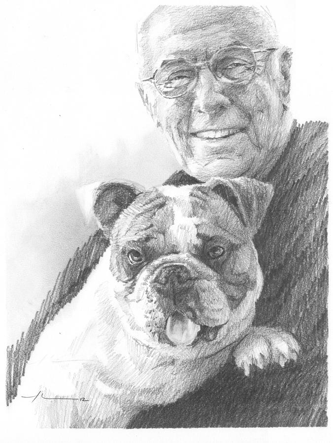 Dad And Dog Pencil Portrait  Drawing by Mike Theuer