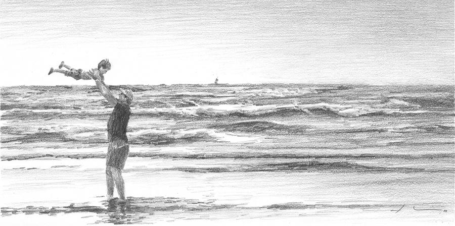 Dad And Son Beach Pencil Portrait Drawing by Mike Theuer