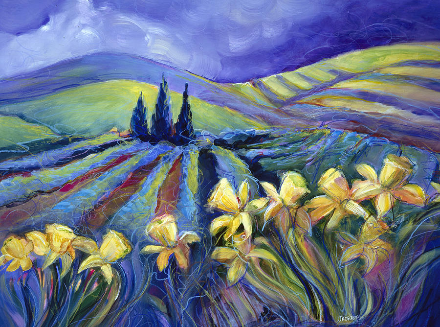 Landscape Painting - Daffodils and Stormclouds by Jen Norton