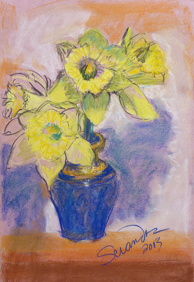 Daffodils in Blue Italian Vase Painting by Sciandra  
