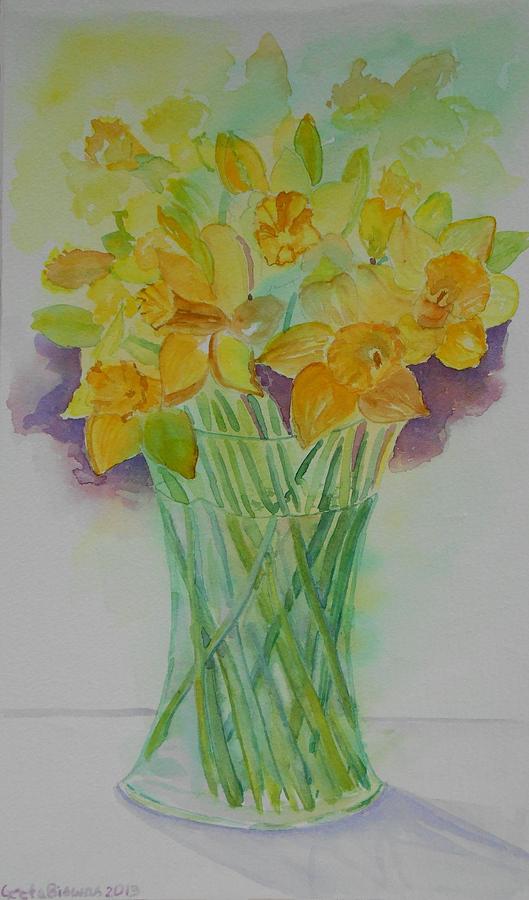 Flower Painting - Daffodils in Glass Vase - Watercolor - Still Life by Geeta Yerra