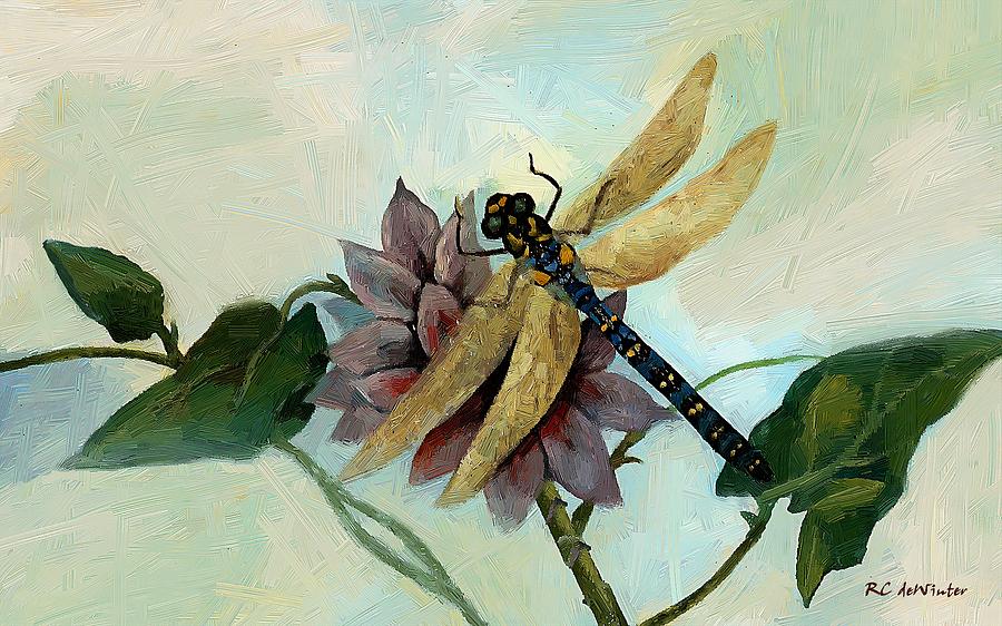 Dahlia with Dragonfly Resting Painting by RC DeWinter