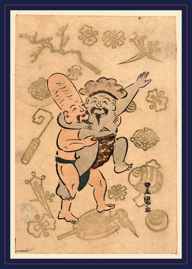 Match Drawing - Daikoku To Fukurokuju No Sumo by Utagawa, Toyokuni (1769 ? 1825), Japanese