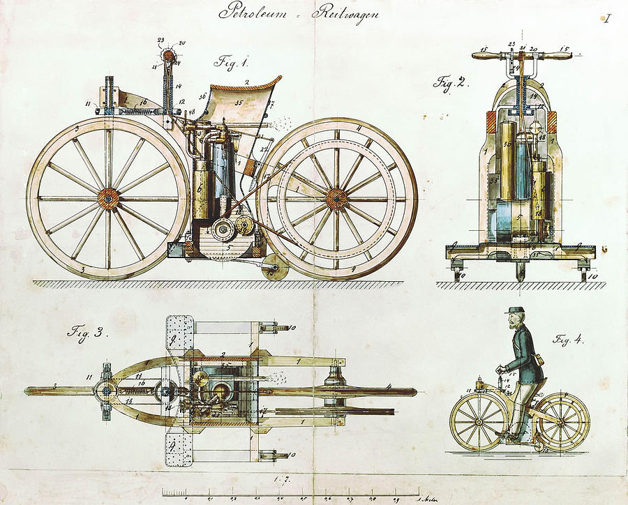 Daimler Reitwagen color drawing 1885 D patent  Painting by Celestial Images