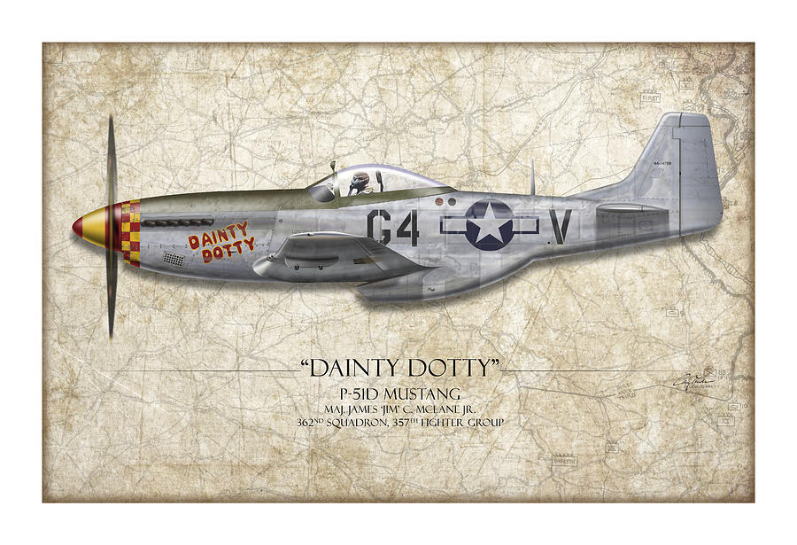 Aviation Painting - Dainty Dotty P-51d Mustang - Map Background by Craig Tinder Aviation Painting - Dainty Dotty P-51d Mustang - Map Background by Craig Tinder