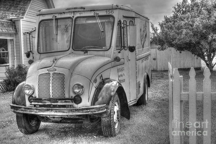 Black And White Photograph - Dairy Truck - Old Rosenbergers Dairies - Black and White by Liane Wright