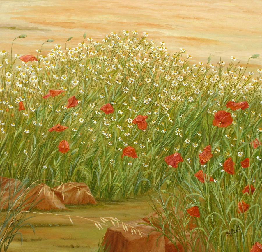 Poppy Painting - Daisies And Poppies by Angeles M Pomata