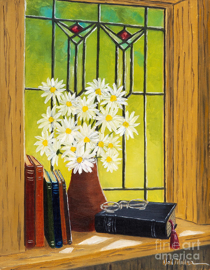 Daisies and Stained Glass Window Painting by Val Miller