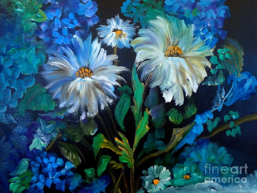 Daisies at Midnight Painting by Jenny Lee