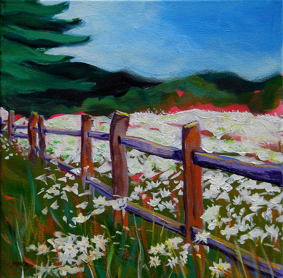 Tree Painting - Daisies At The Fence by Pam Van Londen
