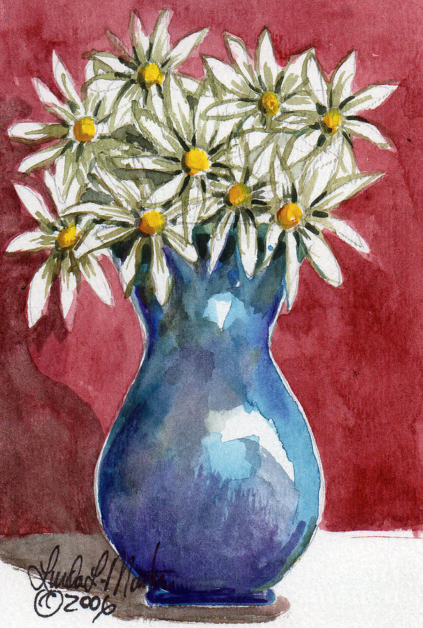 Daisies in Blue Vase Painting by Linda L Martin