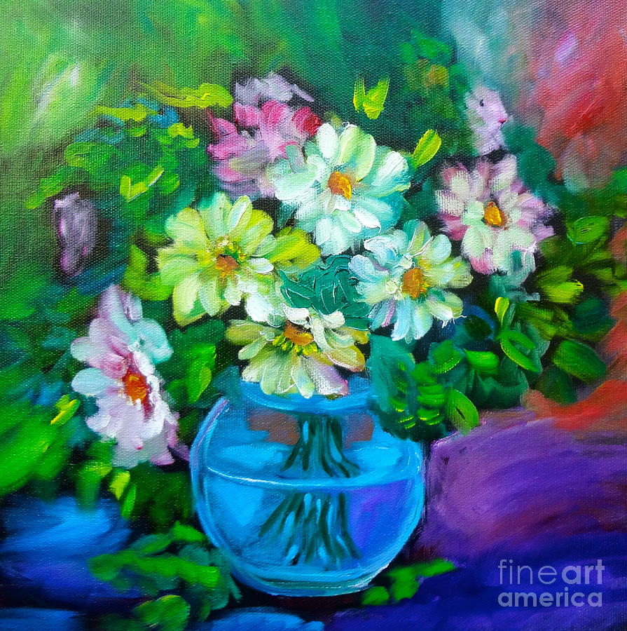 Daisies in Glass Painting by Jenny Lee