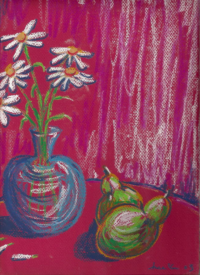 Daisies on red table Painting by Hae Kim
