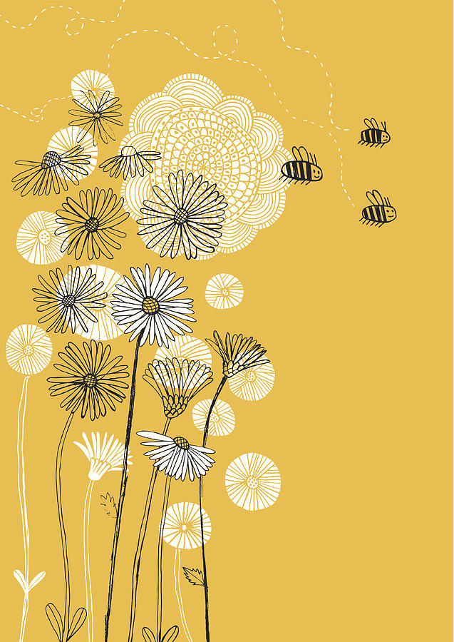 Daisies, sunflower and bees on sunny background Drawing by Beastfromeast