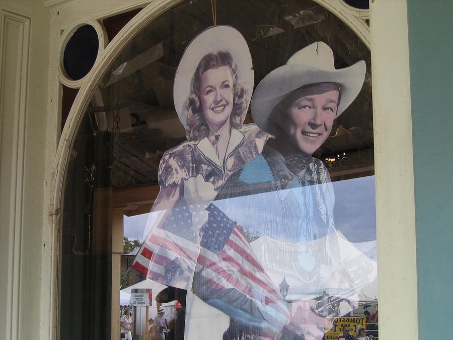 Dale Evans Roy Rogers cardboard cut-outs flag reflection Helldorado Days Tombstone 2004 Photograph by David Lee Guss