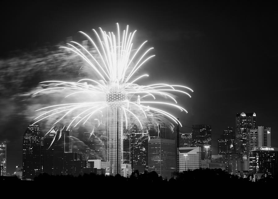 Dallas Reunion Tower Fireworks BW 2014 Photograph by Rospotte Photography