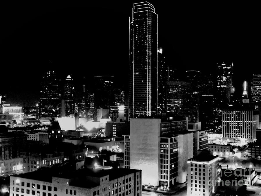 Dallas Skyline By Night-B/W Photograph by Robert McCubbin