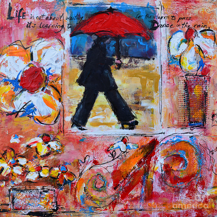 Inspirational Painting - Dance in the rain under a red umbrella by Patricia Awapara
