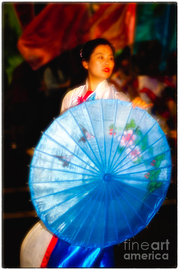 Umbrella Photograph - Dance of the blue umbrella - Chinese New Year dancing in the street by David Hill