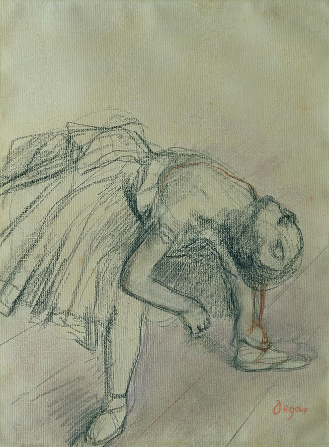 Edgar Degas Drawing - Dancer Fixing her Slipper by Edgar Degas