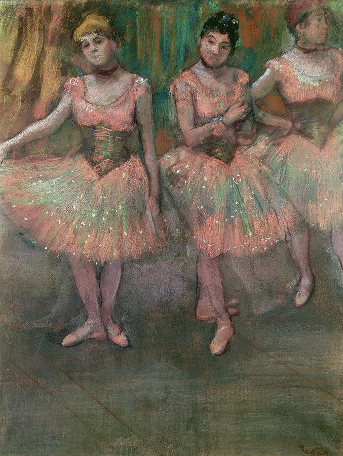 Edgar Degas Pastel - Dancers Wearing Salmon Colored Skirts by Edgar Degas