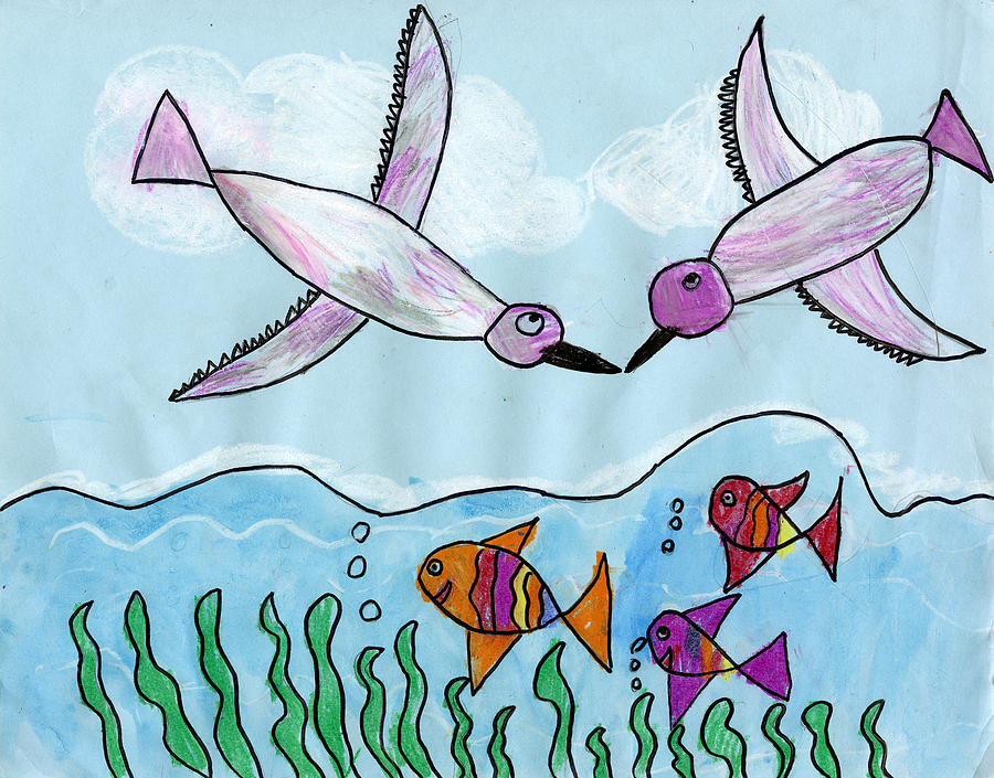 Bird Drawing - Dancing Fishes with Seagull by Jiya Desai 1st grade by California Coastal Commission