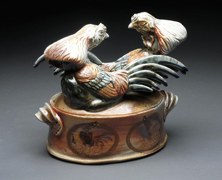 Rooster Sculpture - Dancing Roosters Casserole by Catherine Stasevich