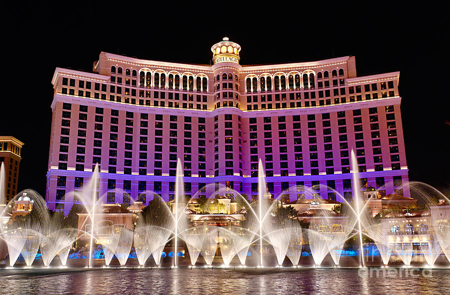 Las Vegas Photograph - Dancing Waters - Bellagio Hotel and Casino at night by Jamie Pham